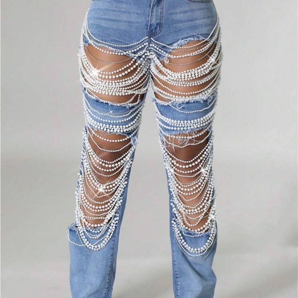 SHEIN Blue Pearl Embellished Straight Leg Jeans